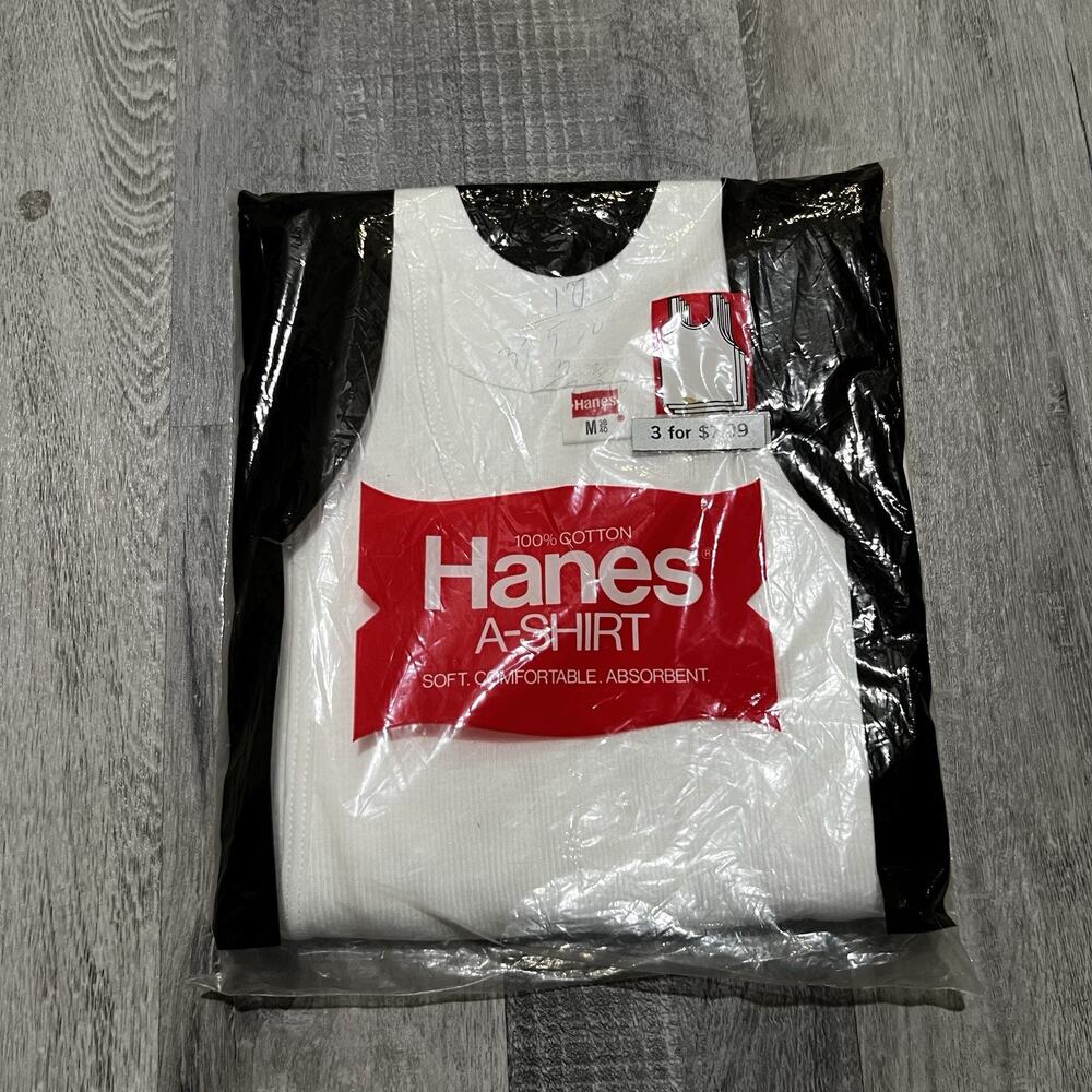 Vintage 1980s Hanes A-shirt 3 Pack Sealed NOS Tank Tops Size M USA Made White